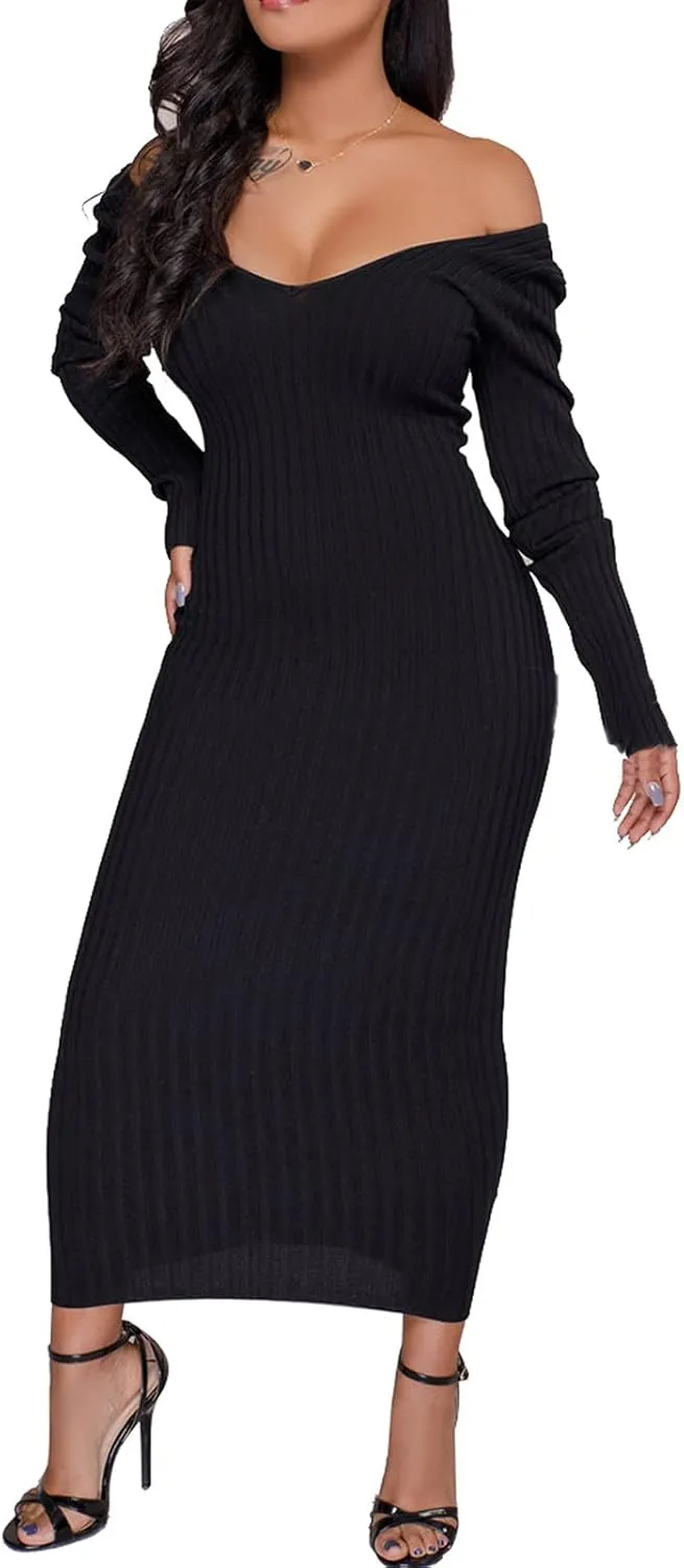 BestGirl Women's Sexy Ribbed Sweater Dresses Bodycon V Neck Off Shoulder Long Sleeve Lightweight Knit Midi Dress