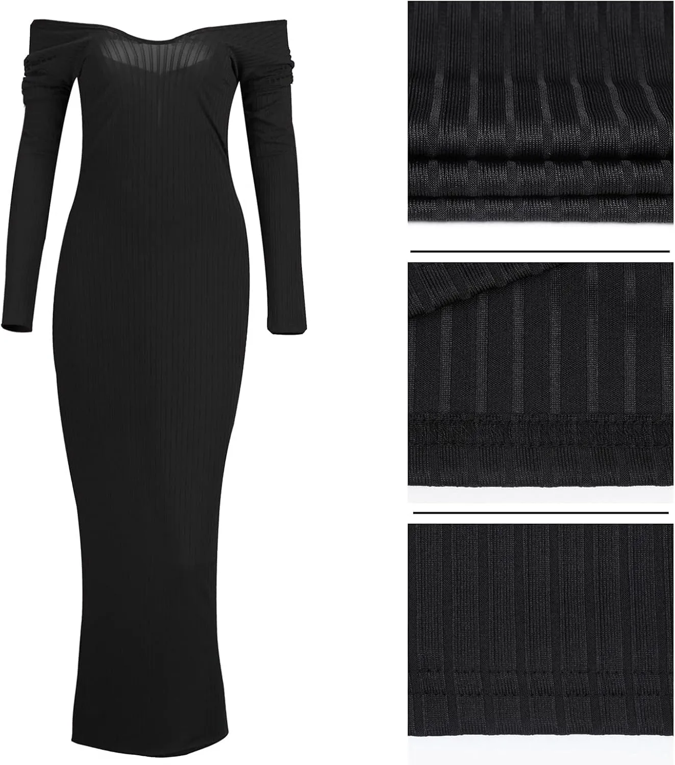 BestGirl Women's Sexy Ribbed Sweater Dresses Bodycon V Neck Off Shoulder Long Sleeve Lightweight Knit Midi Dress