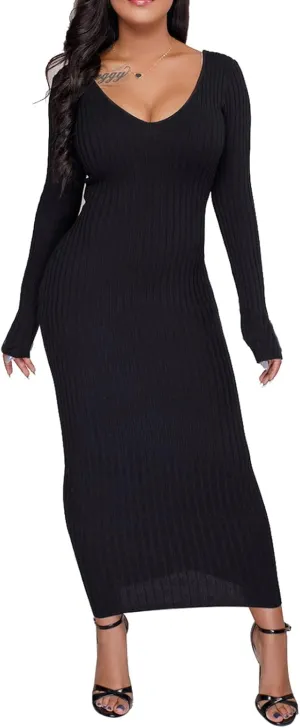 BestGirl Women's Sexy Ribbed Sweater Dresses Bodycon V Neck Off Shoulder Long Sleeve Lightweight Knit Midi Dress