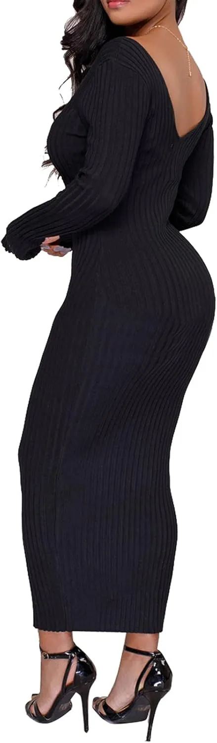 BestGirl Women's Sexy Ribbed Sweater Dresses Bodycon V Neck Off Shoulder Long Sleeve Lightweight Knit Midi Dress