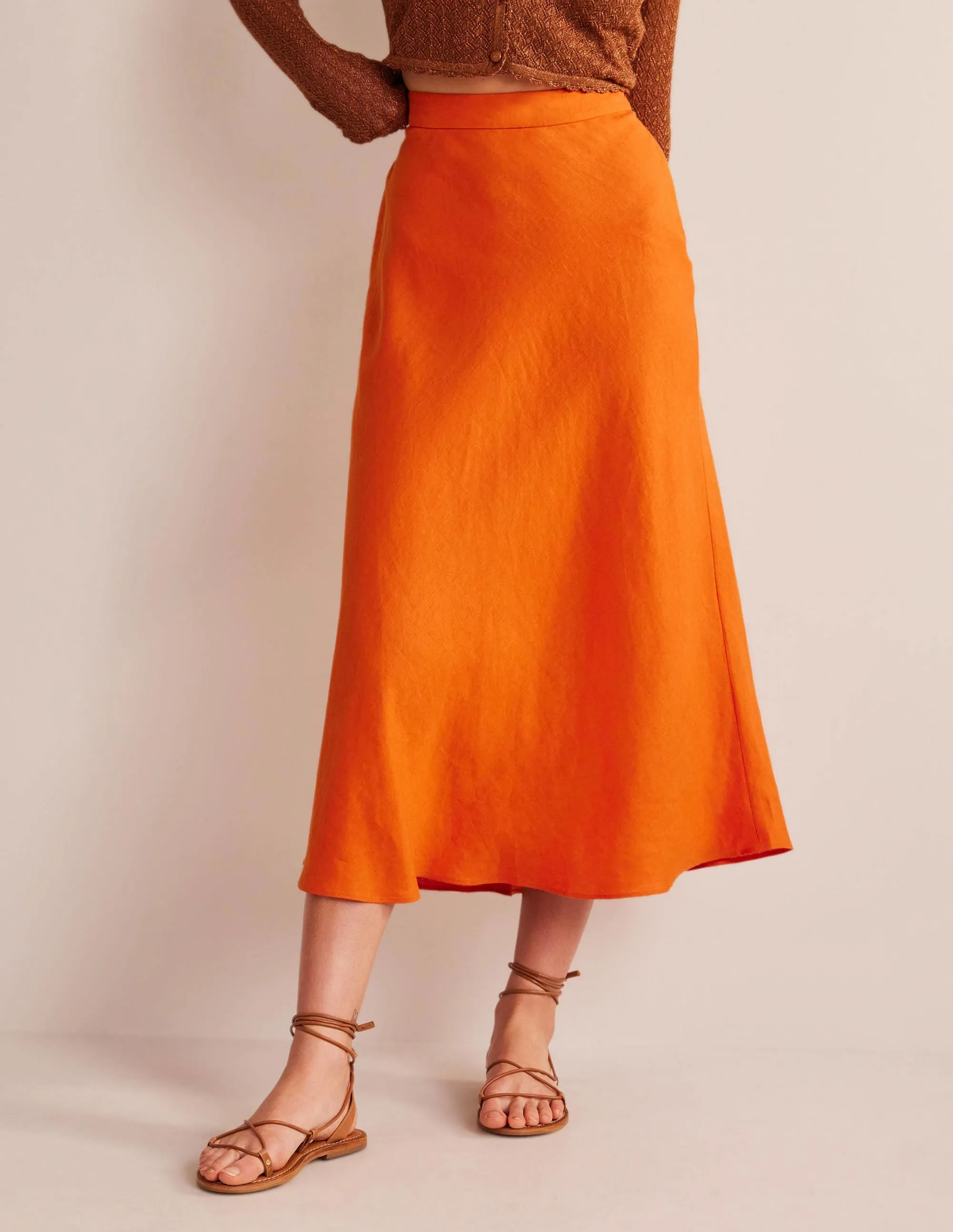Bias Linen Midi Skirt-KUMQUAT