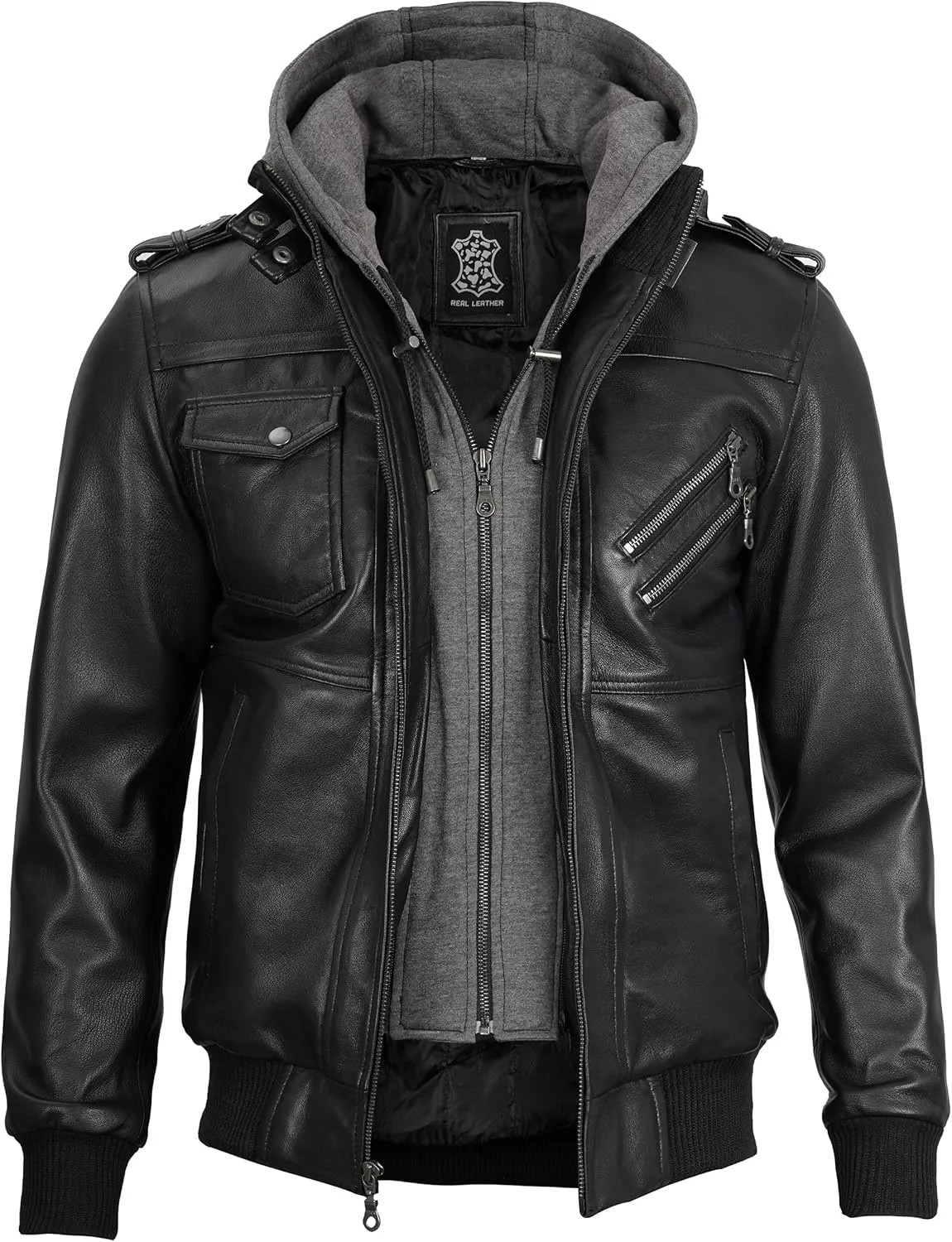 Blingsoul Mens Leather Jacket Removable Hooded Black Leather Jackets For Men