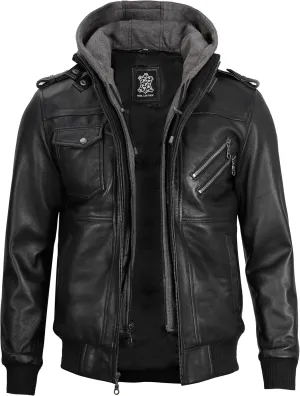 Blingsoul Mens Leather Jacket Removable Hooded Black Leather Jackets For Men