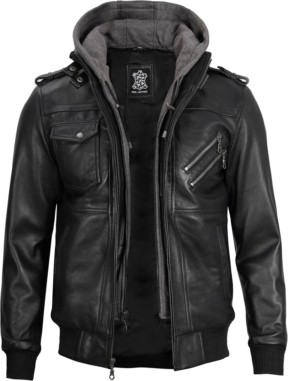 Blingsoul Mens Leather Jacket Removable Hooded Black Leather Jackets For Men