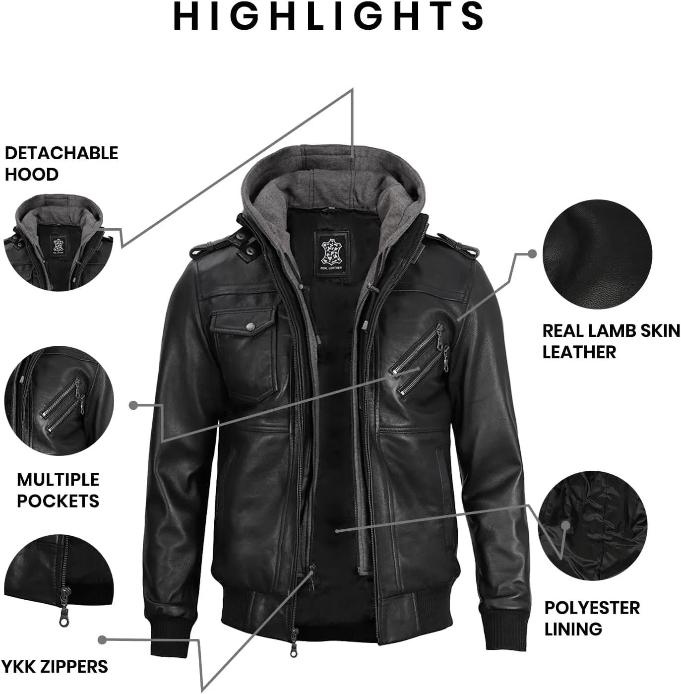 Blingsoul Mens Leather Jacket Removable Hooded Black Leather Jackets For Men