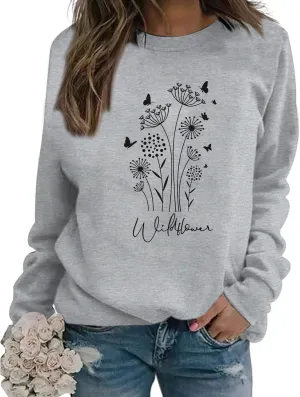 Bobeutou Flower Graphic Sweatshirt for Women 80s Vintage Minimalistic Floral Printed Long Sleeves Shirt Loose Pullovers Tops