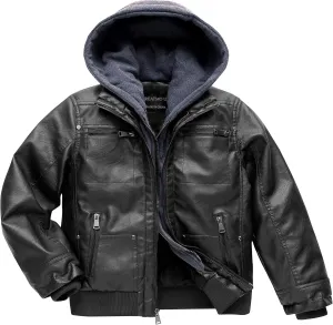 Boy's Faux Leather Jacket Windproof Warm Winter Coat Kids Bomber Outerwear Waterproof PU Motorcycle Jacket