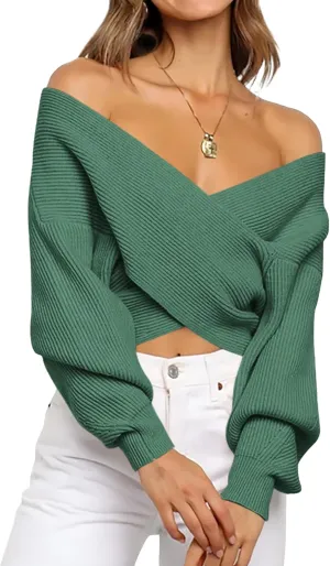 BTFBM Women Casual V Neck Long Sleeve Sweaters Cross Wrap Front Off Shoulder Asymmetric Hem Knitted Crop Solid Pullover