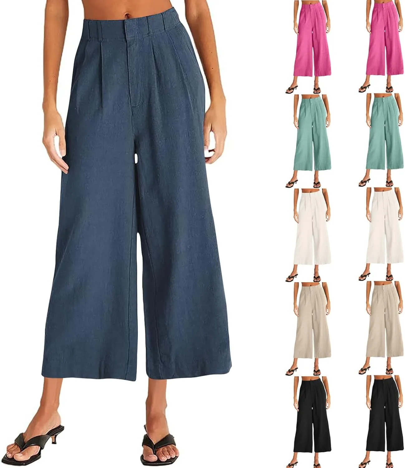 Business Casual Palazzo Pants for Women Wed Leg Linen Capri Pant Spring Summer Lounge Trouser Flowy Beach Pants Slacks