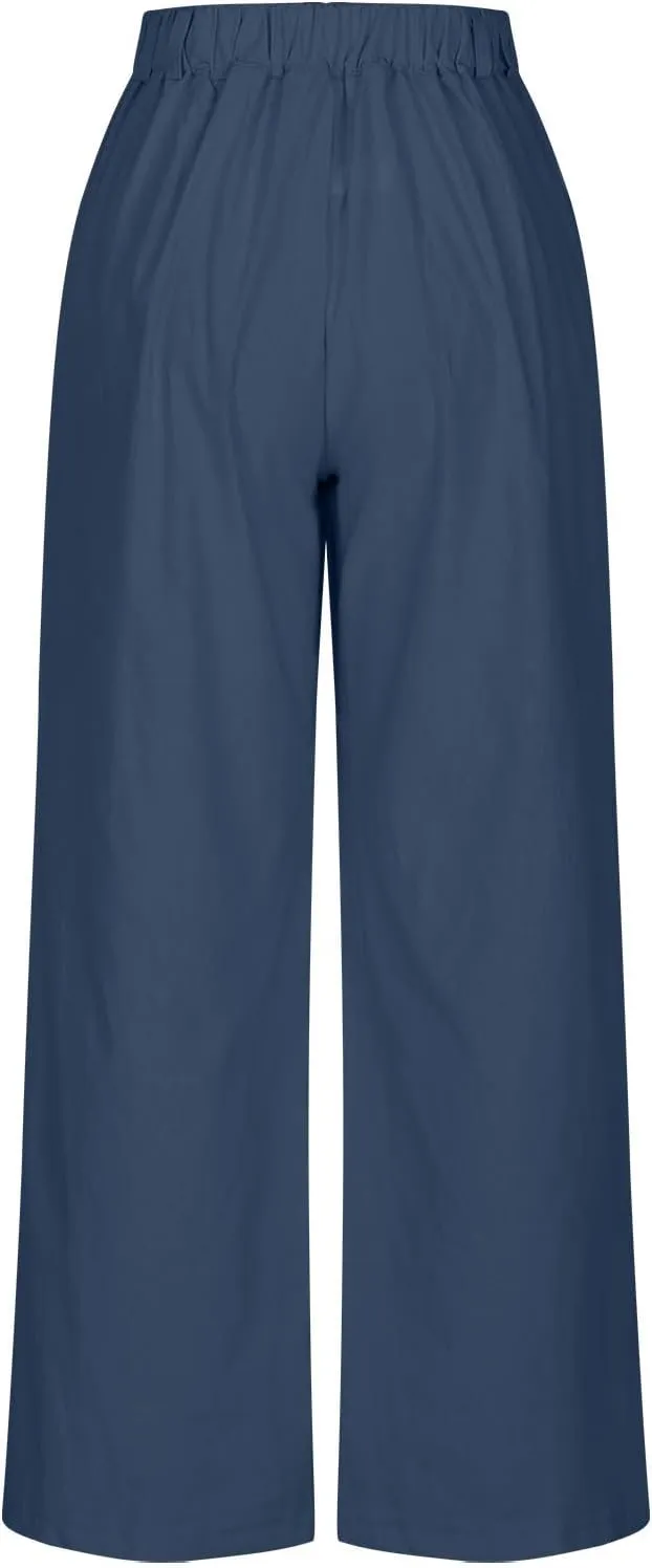Business Casual Palazzo Pants for Women Wed Leg Linen Capri Pant Spring Summer Lounge Trouser Flowy Beach Pants Slacks