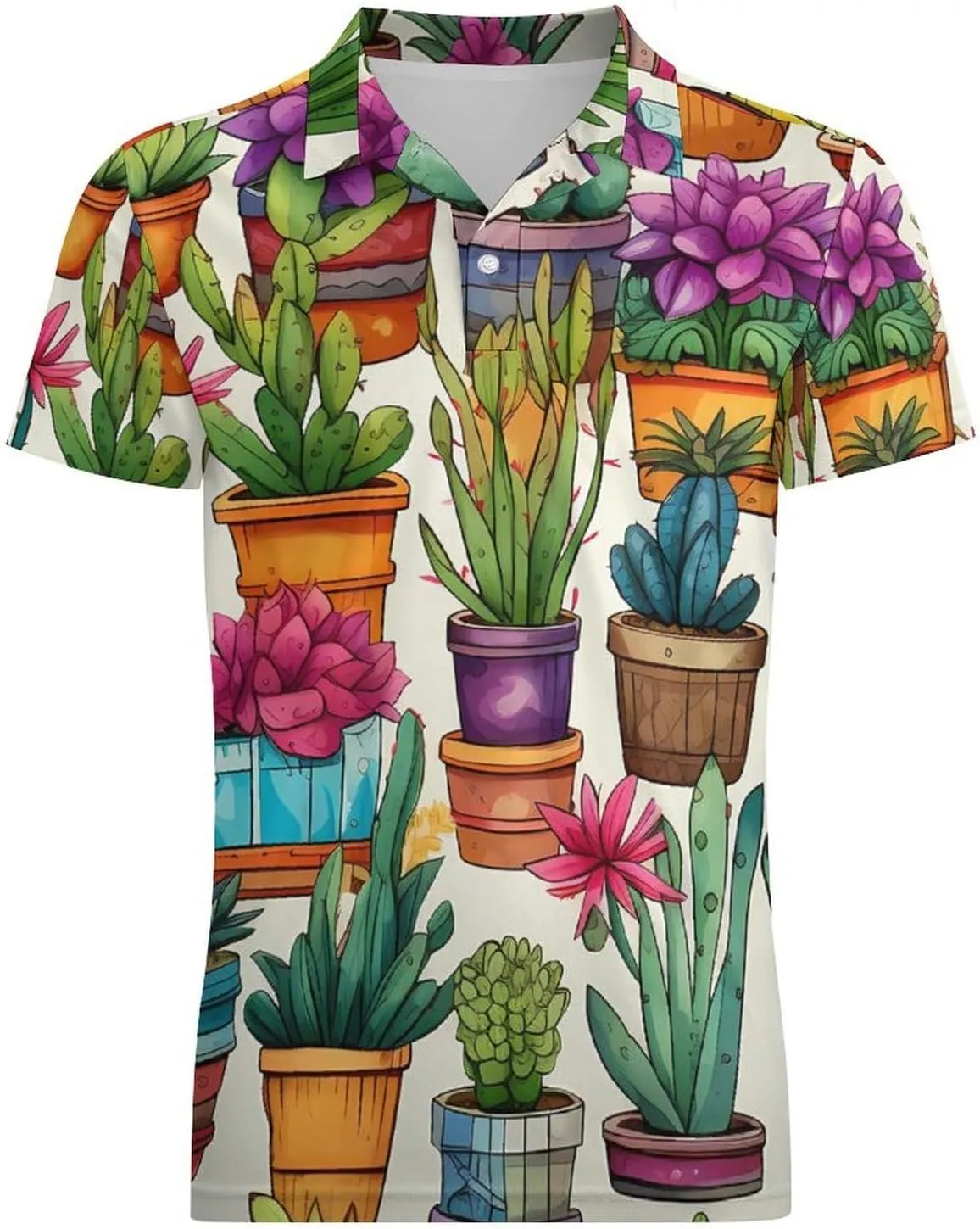 Cacti and Succulents Pattern Men's Polo Shirt Short Sleeve Casual Athletic Quick Dry Golf T-Shirts