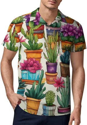 Cacti and Succulents Pattern Men's Polo Shirt Short Sleeve Casual Athletic Quick Dry Golf T-Shirts