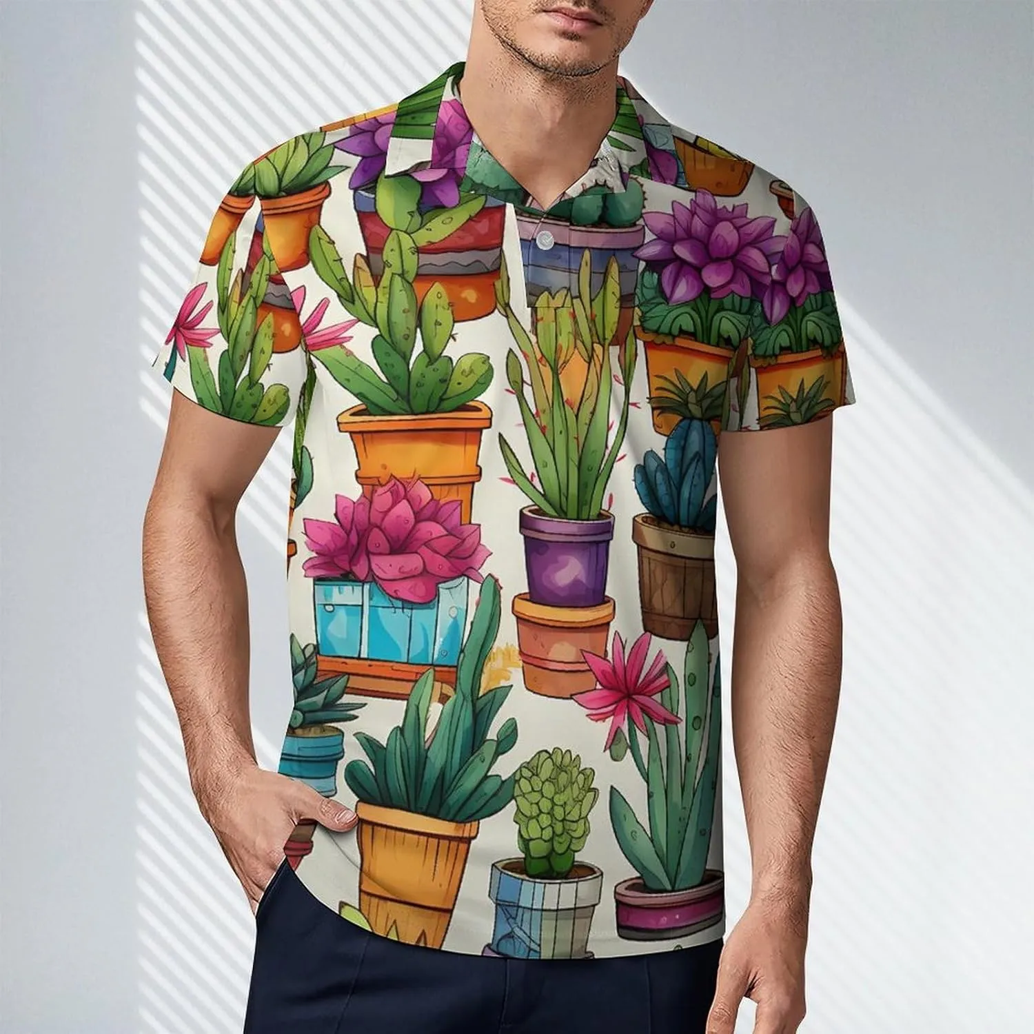 Cacti and Succulents Pattern Men's Polo Shirt Short Sleeve Casual Athletic Quick Dry Golf T-Shirts