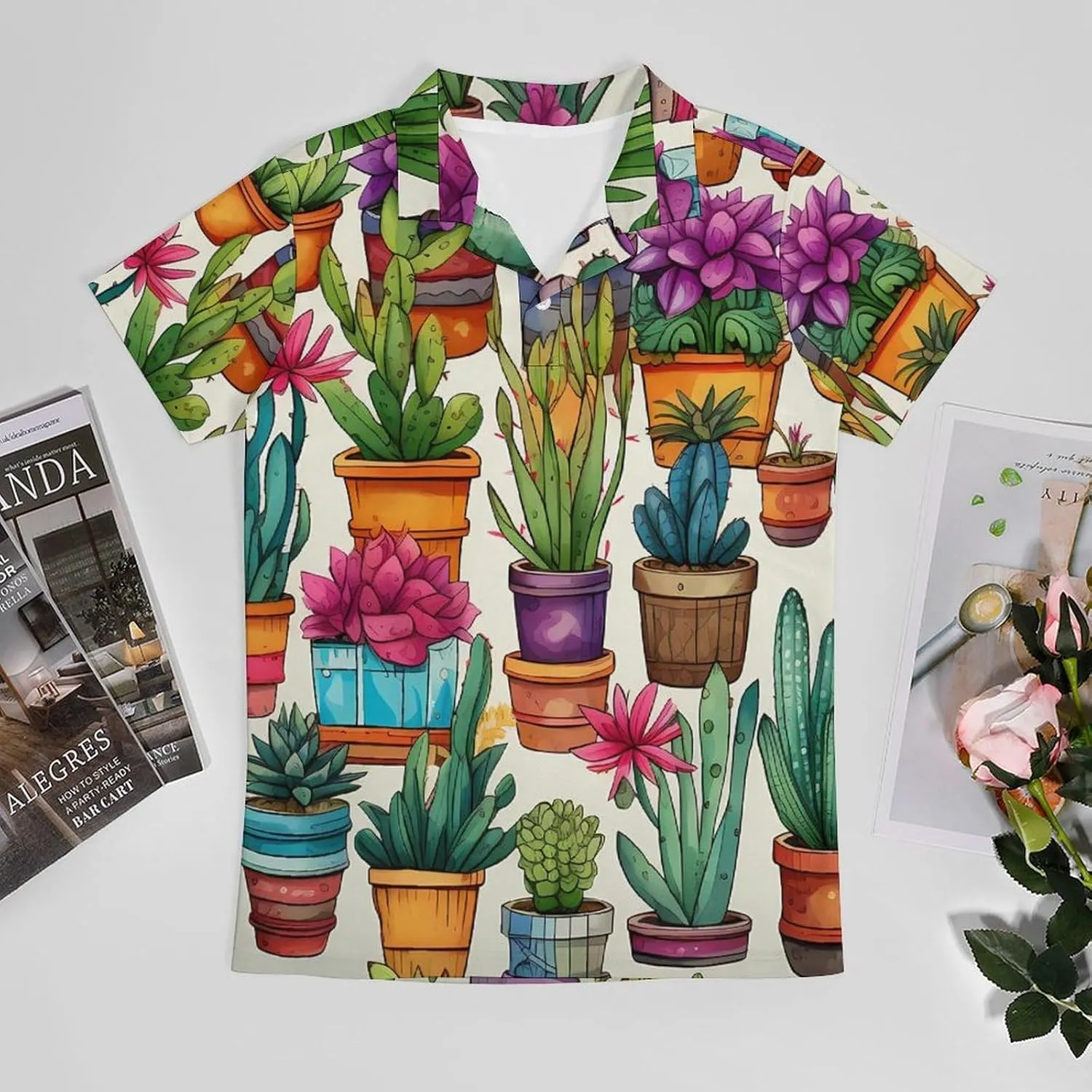 Cacti and Succulents Pattern Men's Polo Shirt Short Sleeve Casual Athletic Quick Dry Golf T-Shirts