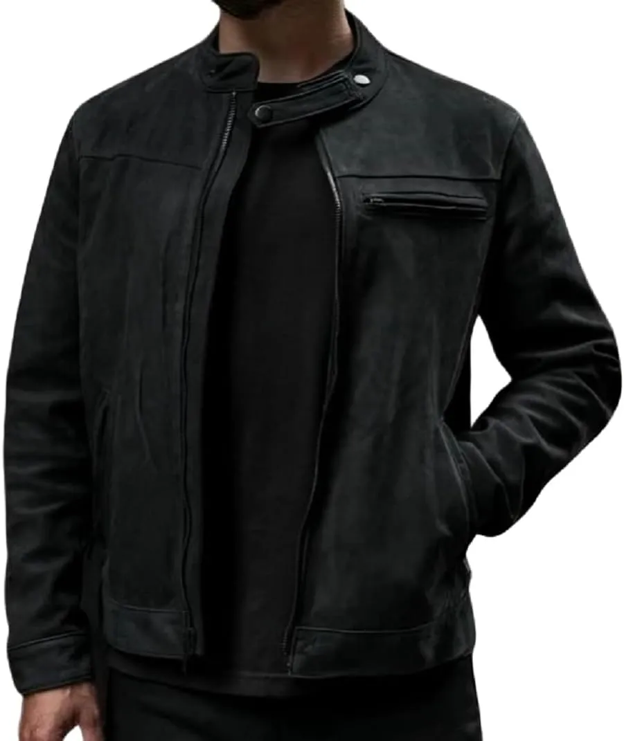 Caf Racer Lambskin Leather Jacket Men Round Collar Men's Casual Real Leather Motorcycle Biker Jacket