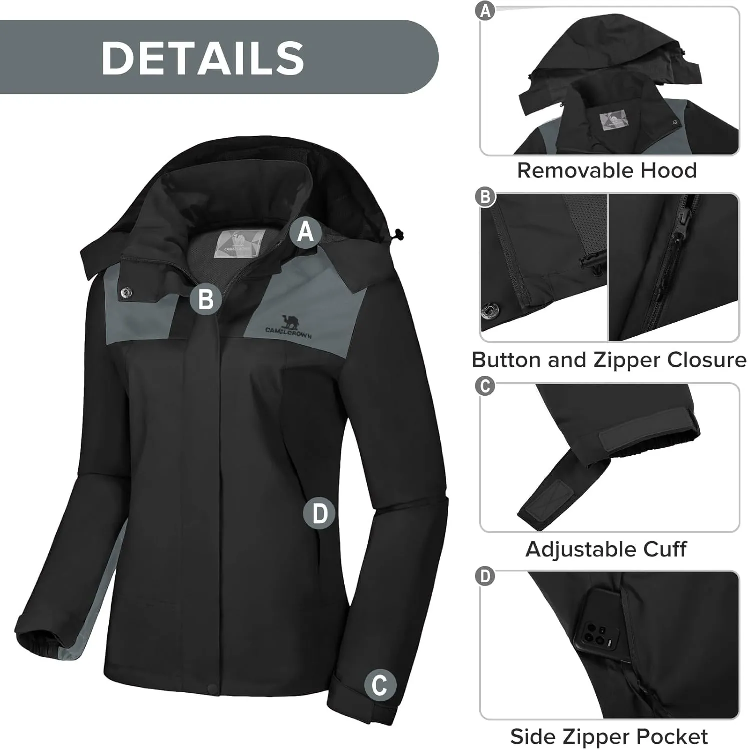 CAMELSPORTS Women's Rain Jacket Waterproof Hooded Windbreaker Windproof Lightweight Shell Raincoat for Outdoor Hiking