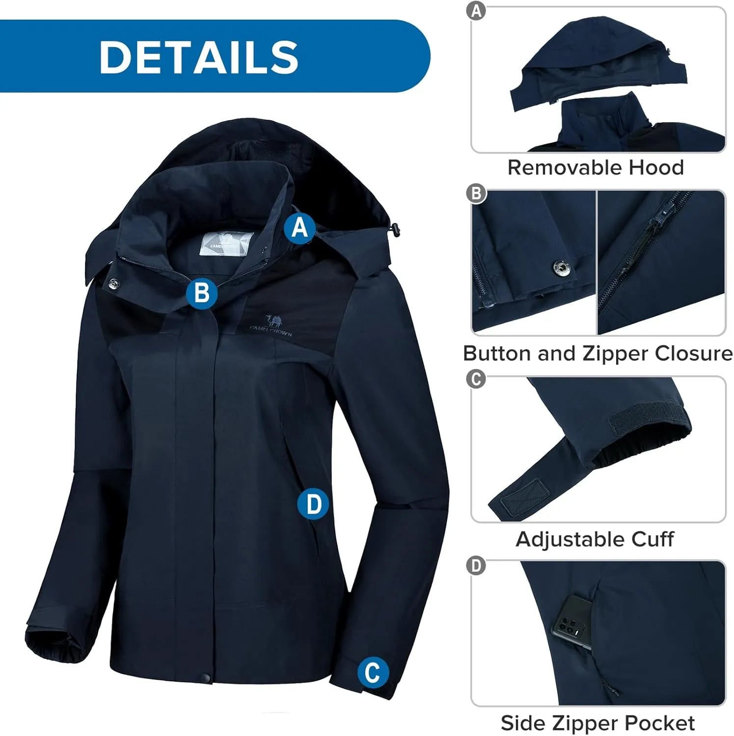 CAMELSPORTS Women's Rain Jacket Waterproof Hooded Windbreaker Windproof Lightweight Shell Raincoat for Outdoor Hiking
