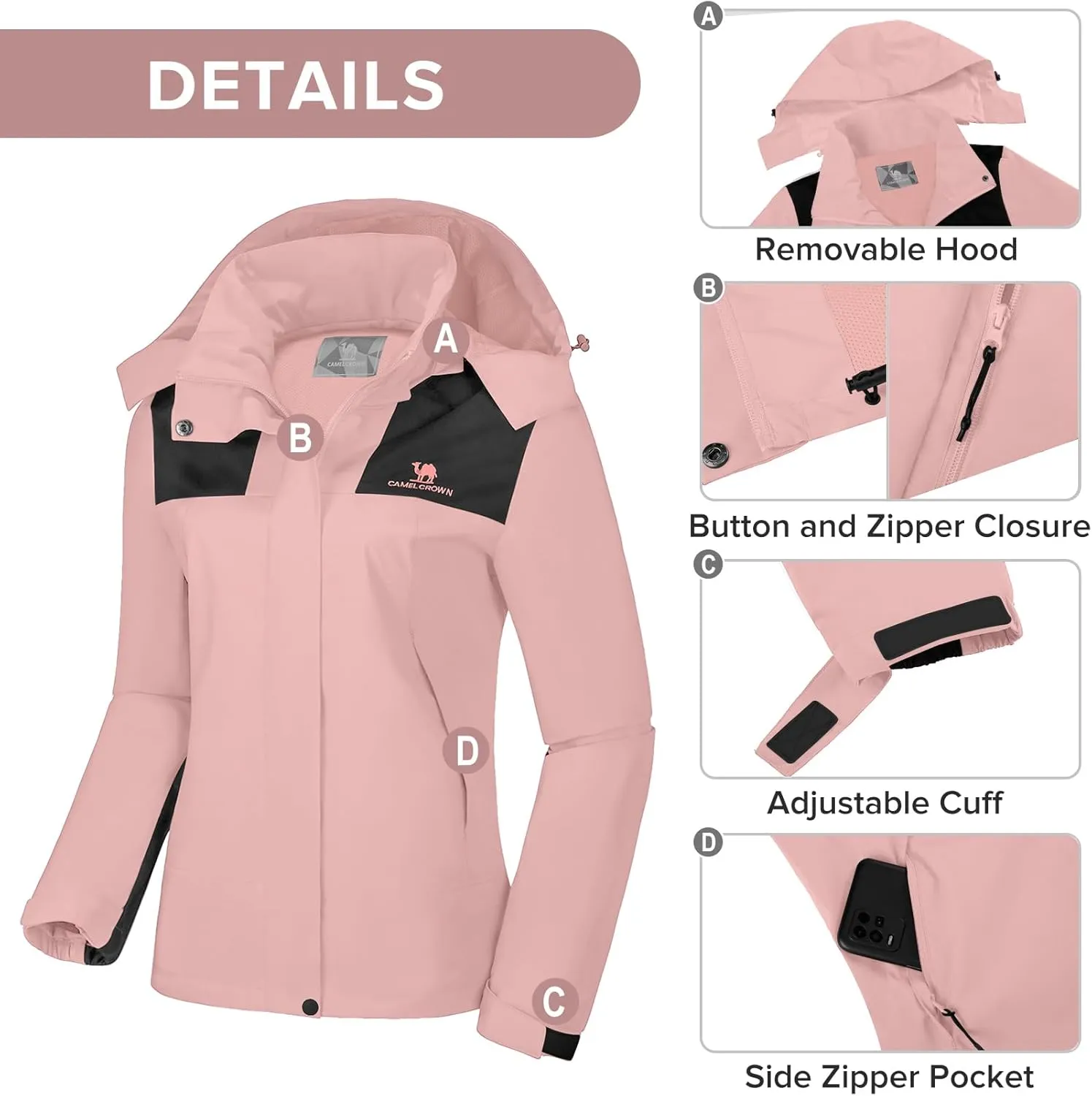 CAMELSPORTS Women's Rain Jacket Waterproof Hooded Windbreaker Windproof Lightweight Shell Raincoat for Outdoor Hiking