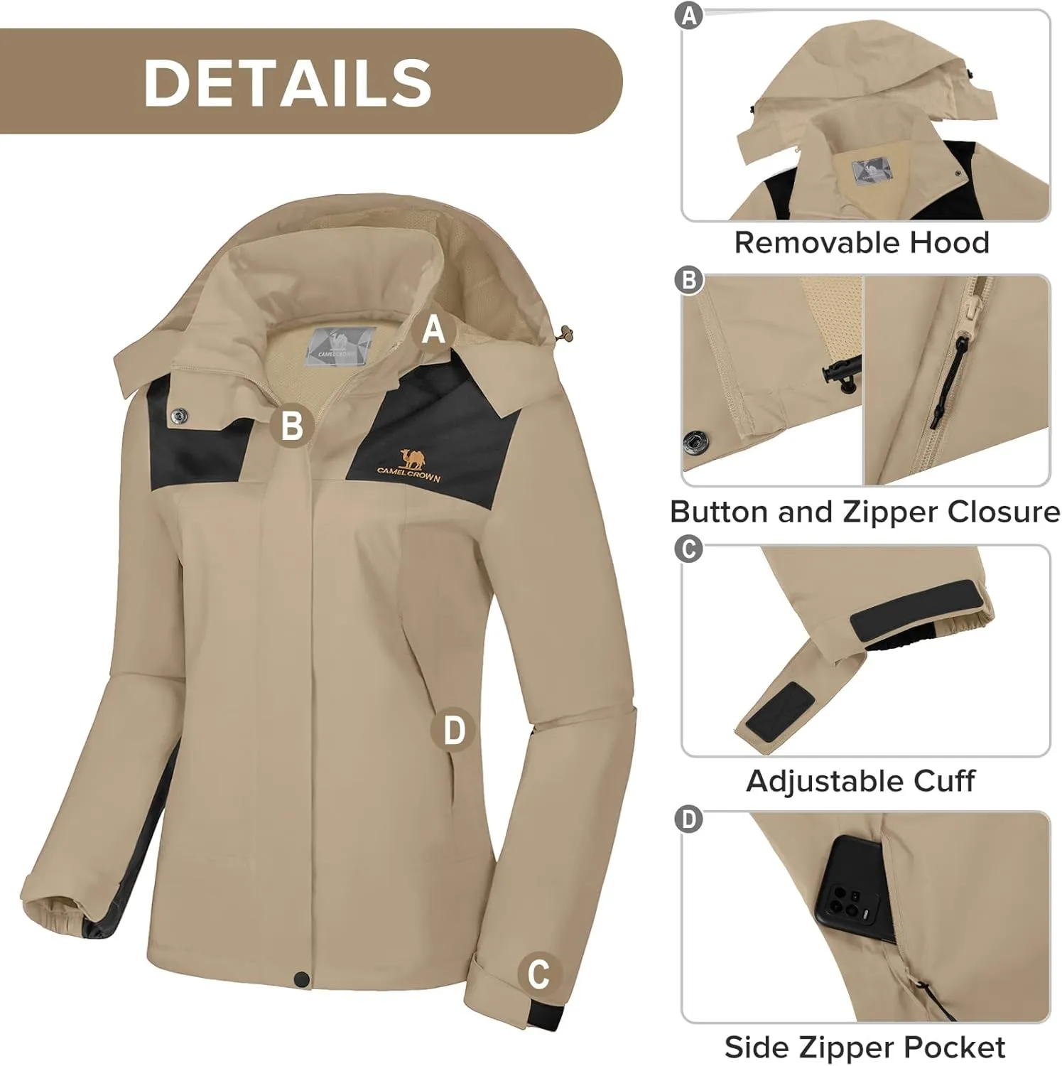 CAMELSPORTS Women's Rain Jacket Waterproof Hooded Windbreaker Windproof Lightweight Shell Raincoat for Outdoor Hiking