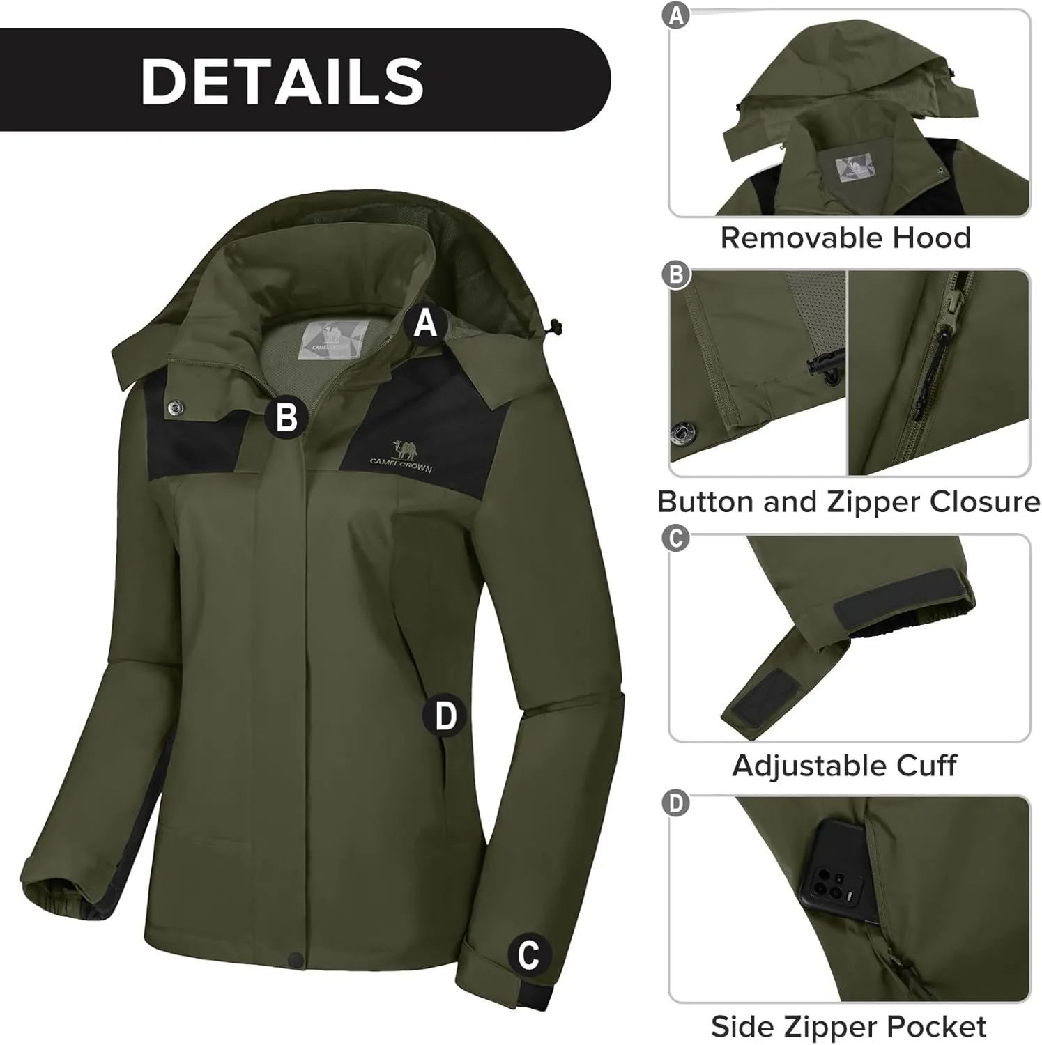 CAMELSPORTS Women's Rain Jacket Waterproof Hooded Windbreaker Windproof Lightweight Shell Raincoat for Outdoor Hiking