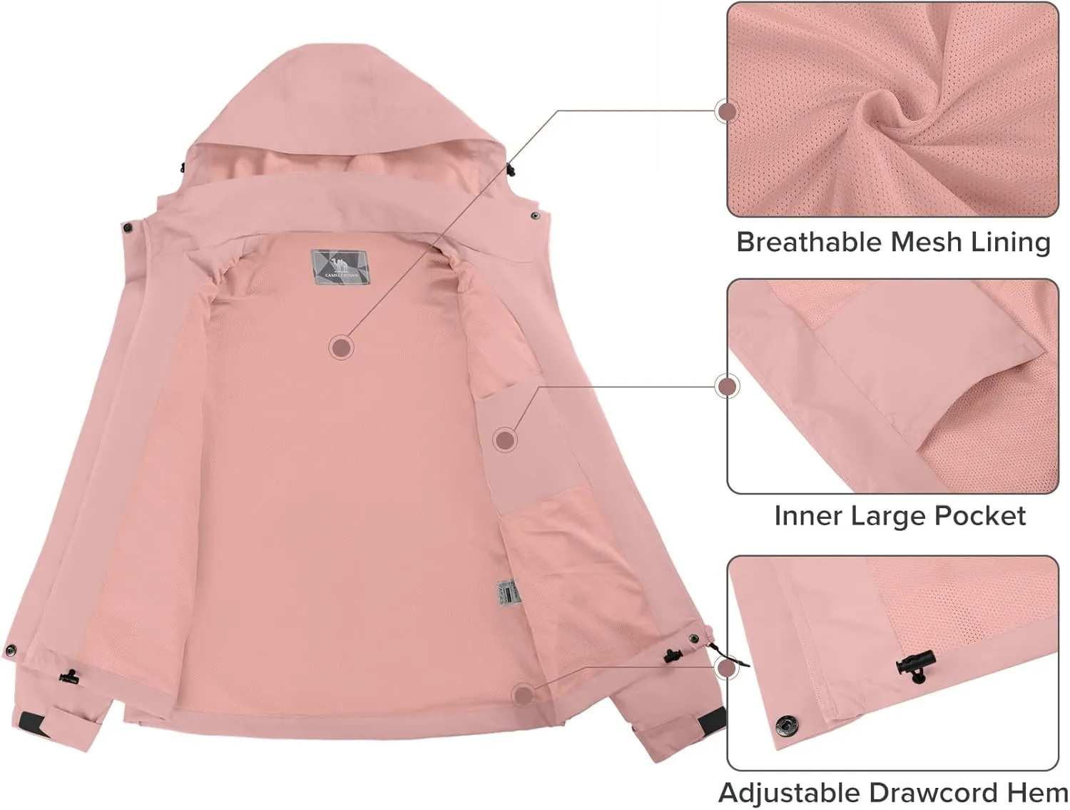 CAMELSPORTS Women's Rain Jacket Waterproof Hooded Windbreaker Windproof Lightweight Shell Raincoat for Outdoor Hiking