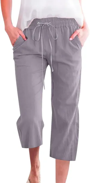 Capri Linen Pants Women Summer Casual 2025 Travel Drawstring Elastic High Waist Straight Wide Leg Cropped Trousers