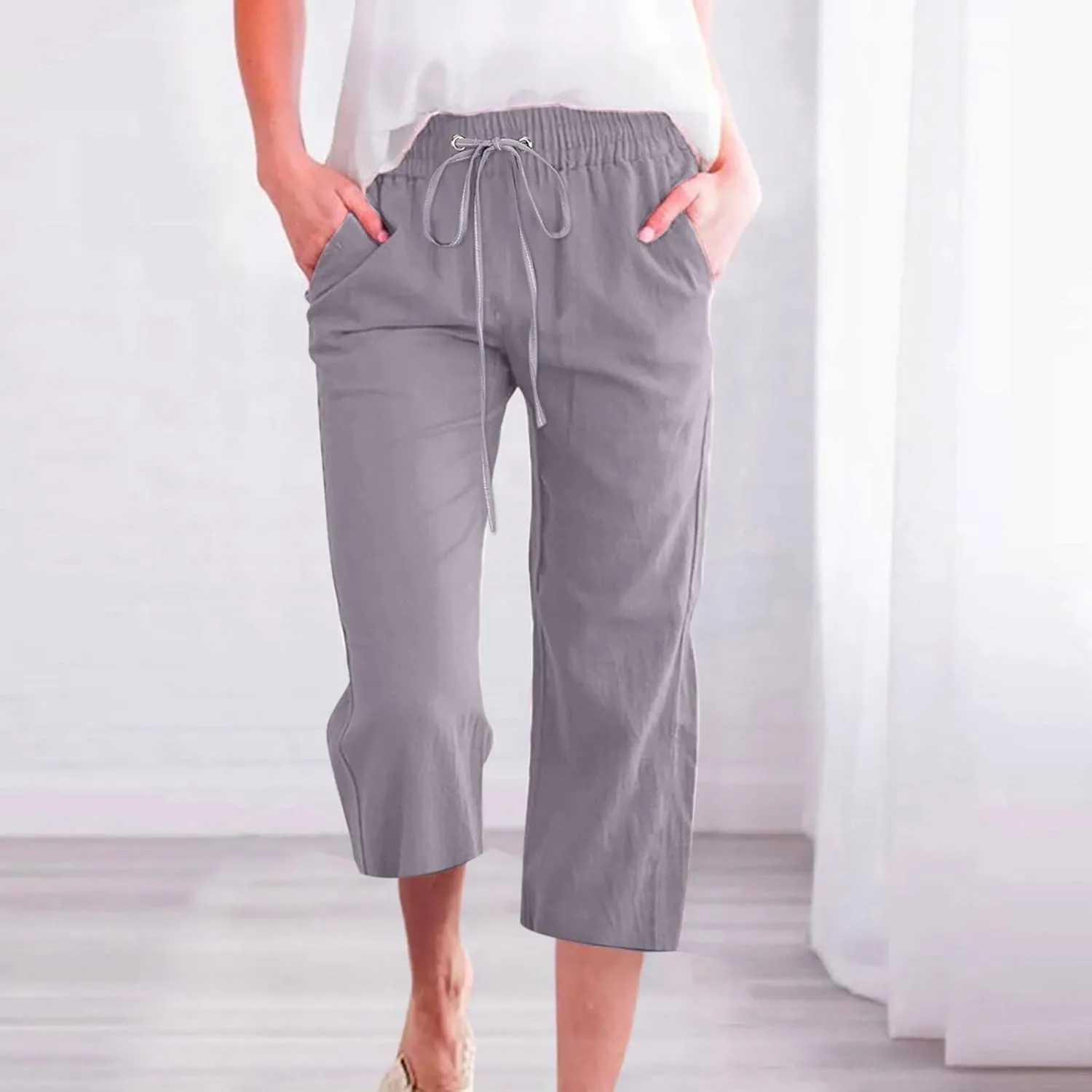 Capri Linen Pants Women Summer Casual 2025 Travel Drawstring Elastic High Waist Straight Wide Leg Cropped Trousers