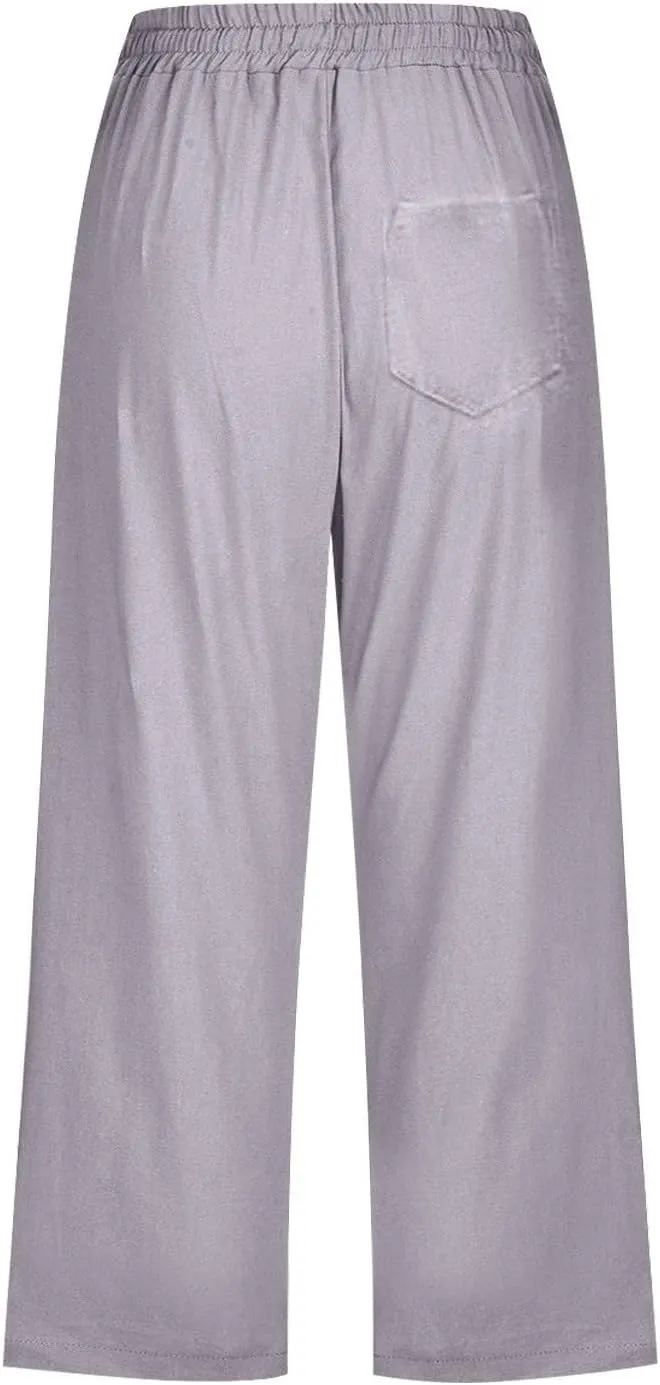 Capri Linen Pants Women Summer Casual 2025 Travel Drawstring Elastic High Waist Straight Wide Leg Cropped Trousers