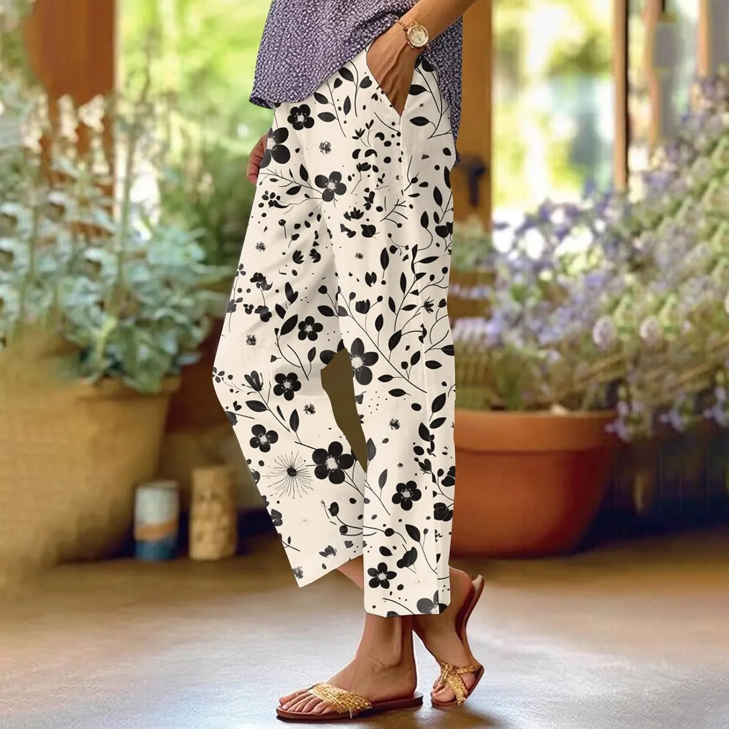 Capri Pants for Women Boho Floral Casual Linen Pants Elastic Waisted Drawstring Summer Beach Trouser with Pockets