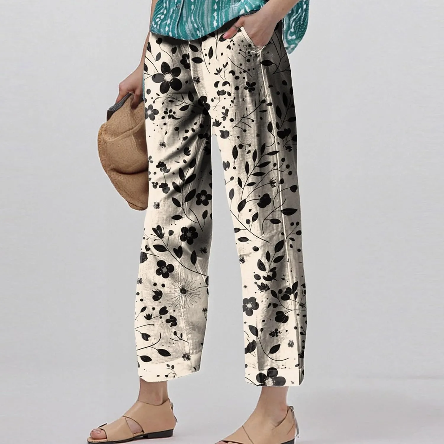 Capri Pants for Women Boho Floral Casual Linen Pants Elastic Waisted Drawstring Summer Beach Trouser with Pockets