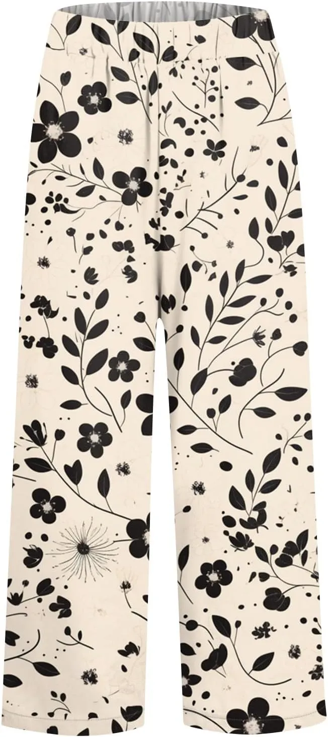 Capri Pants for Women Boho Floral Casual Linen Pants Elastic Waisted Drawstring Summer Beach Trouser with Pockets