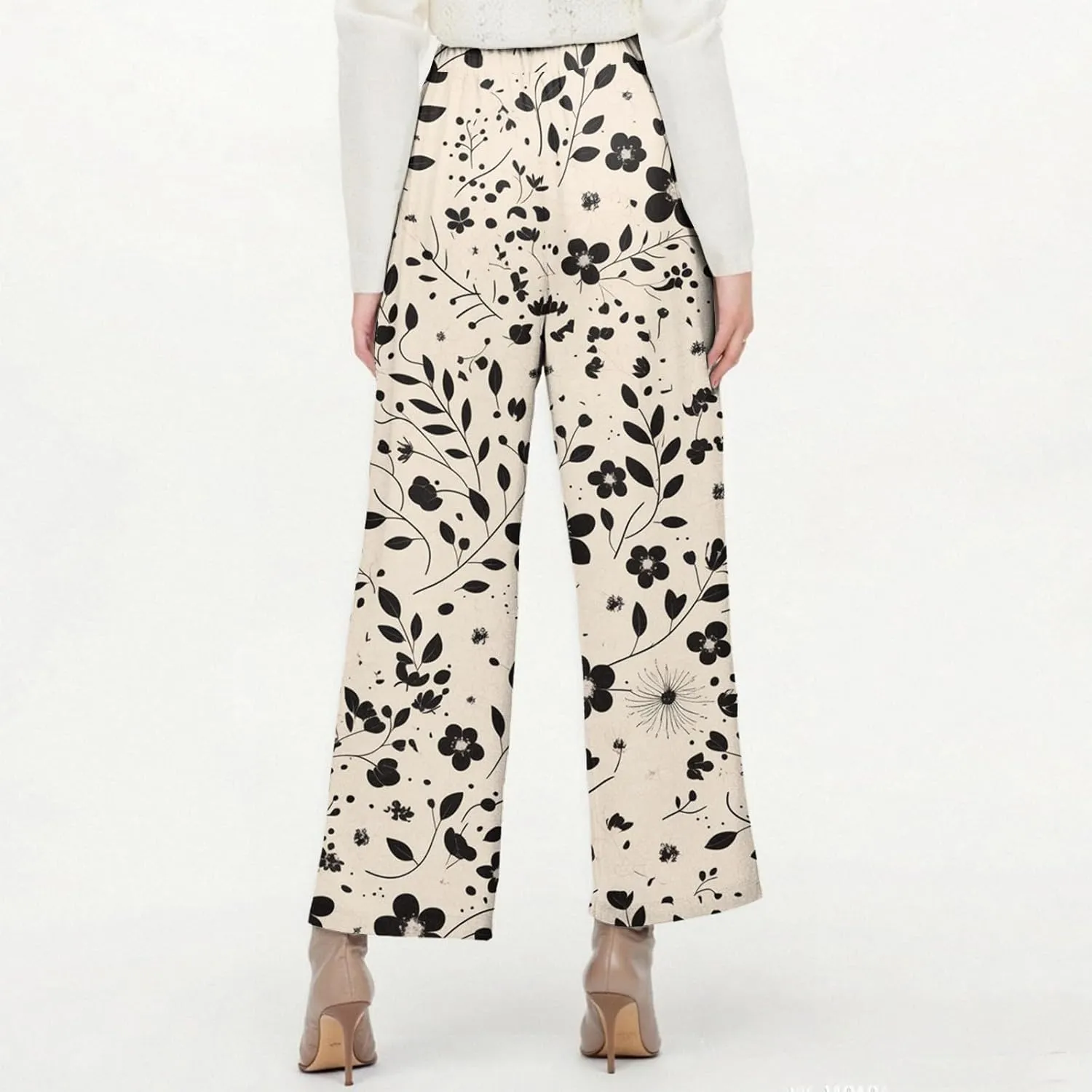 Capri Pants for Women Boho Floral Casual Linen Pants Elastic Waisted Drawstring Summer Beach Trouser with Pockets