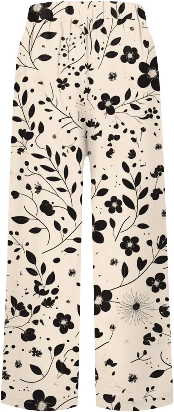 Capri Pants for Women Boho Floral Casual Linen Pants Elastic Waisted Drawstring Summer Beach Trouser with Pockets