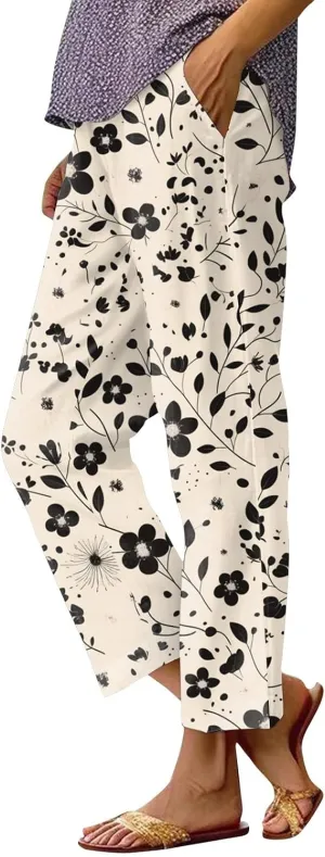 Capri Pants for Women Boho Floral Casual Linen Pants Elastic Waisted Drawstring Summer Beach Trouser with Pockets
