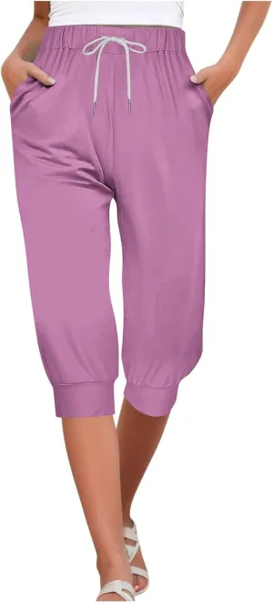Capri Pants for Women Drawstring Cropped Jogger Running Yoga Pants Elastic Waist Summer Sweatpants with Pockets