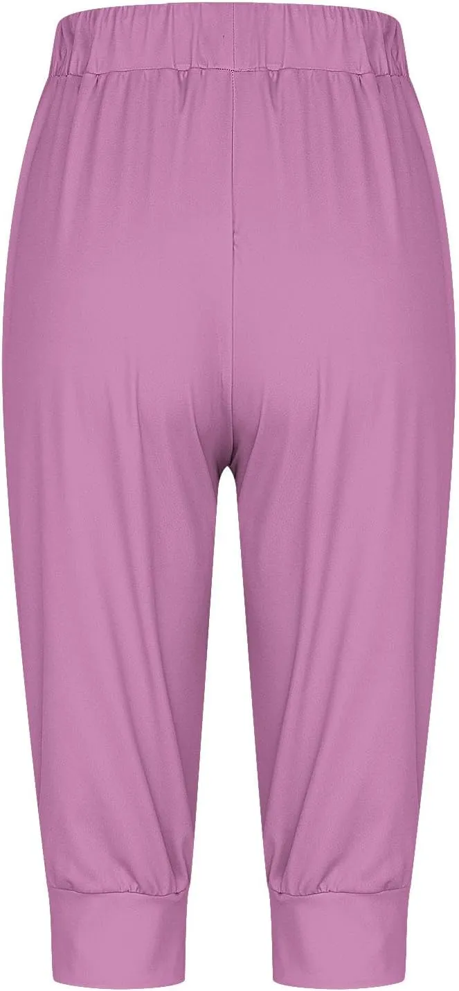 Capri Pants for Women Drawstring Cropped Jogger Running Yoga Pants Elastic Waist Summer Sweatpants with Pockets
