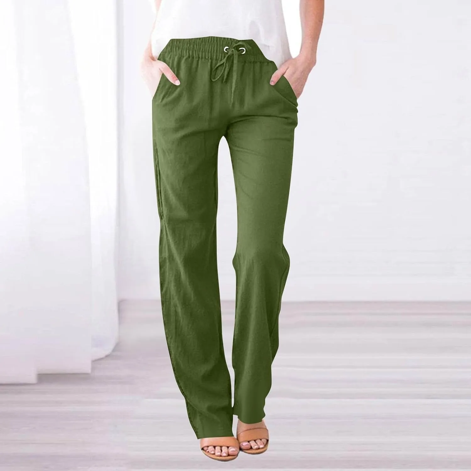 Capri Pants for Women Trousers, Petite Pants for Women Cotton Linen High Waisted Cargo Wide Leg Summer Petite