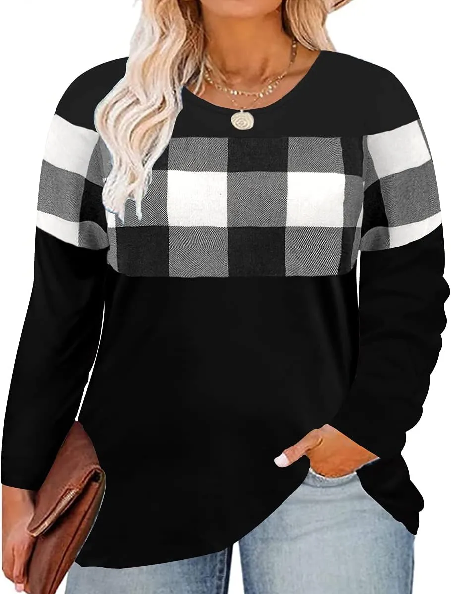 CARCOS Plus Size Tops for Women Color Block Flower/Striped/Camo Crew Neck Long Sleeve Tee Shirt