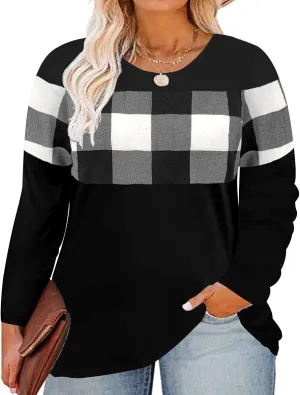 CARCOS Plus Size Tops for Women Color Block Flower/Striped/Camo Crew Neck Long Sleeve Tee Shirt