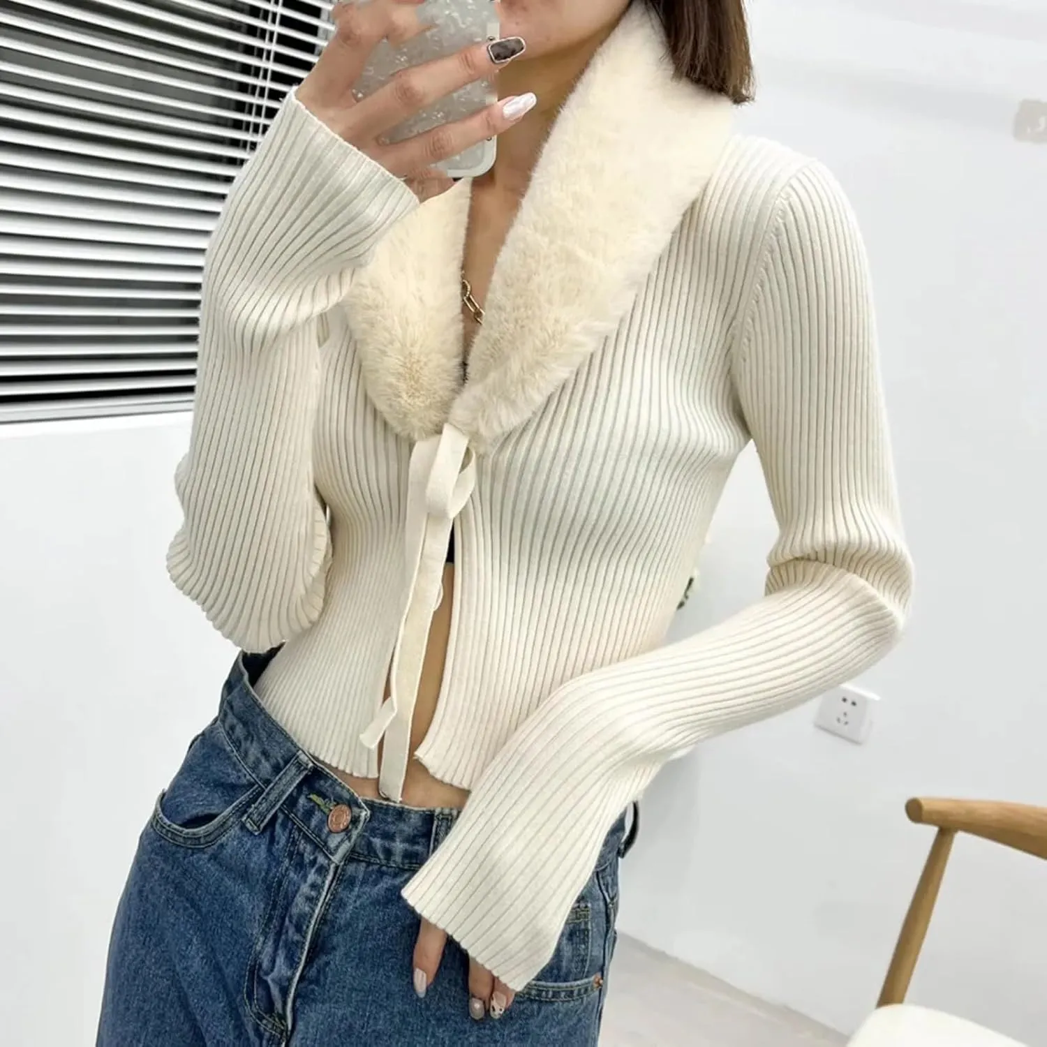 Cardigans for Women Vintage Faux Fur Knitted Sweater Fur Collar Long Sleeve Top Sweater Knit Cardigan