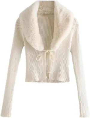 Cardigans for Women Vintage Faux Fur Knitted Sweater Fur Collar Long Sleeve Top Sweater Knit Cardigan