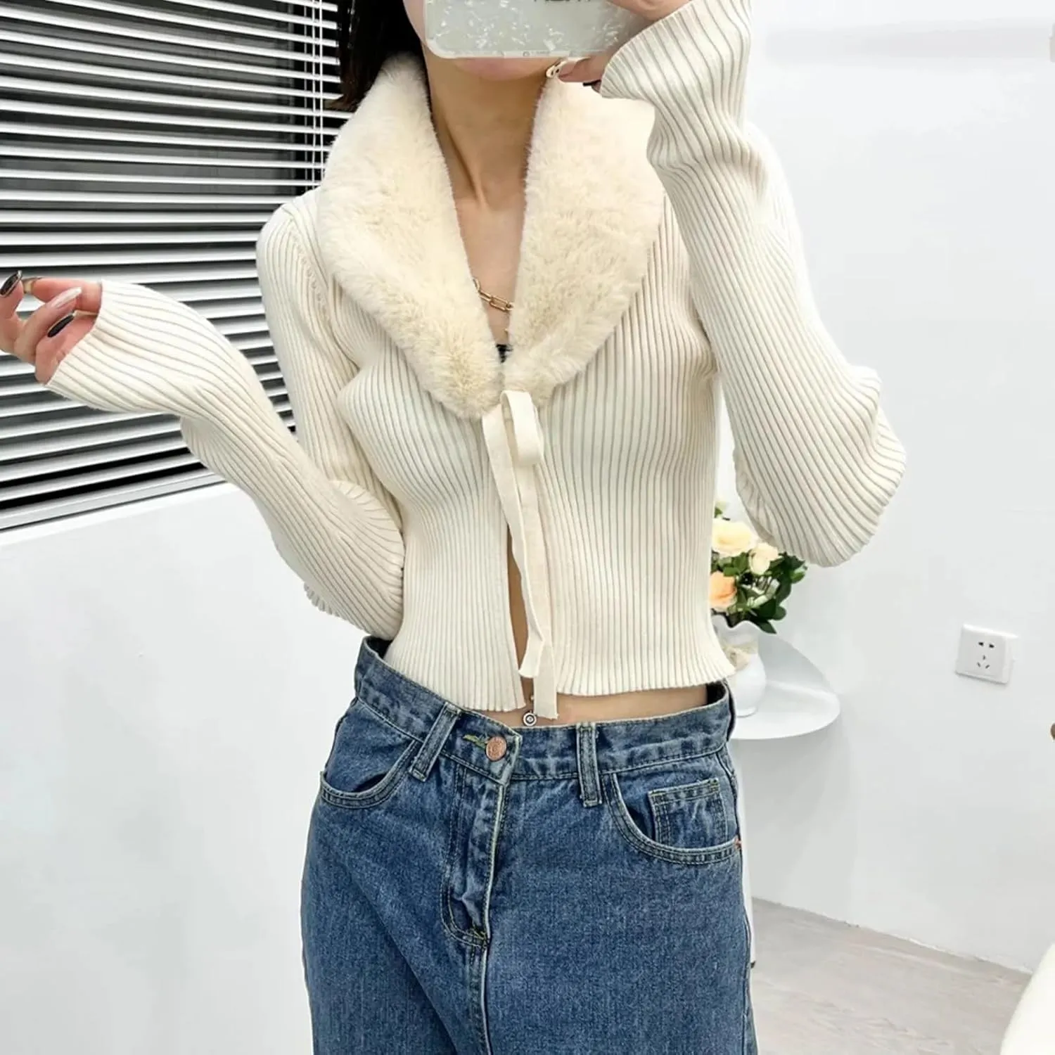Cardigans for Women Vintage Faux Fur Knitted Sweater Fur Collar Long Sleeve Top Sweater Knit Cardigan