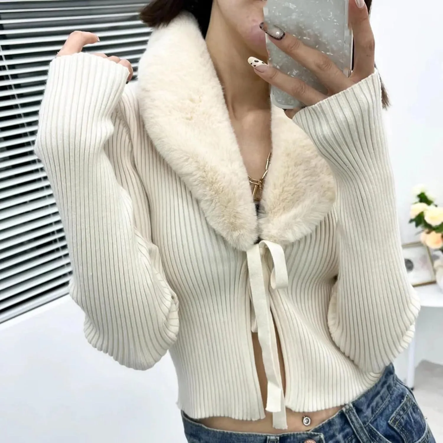 Cardigans for Women Vintage Faux Fur Knitted Sweater Fur Collar Long Sleeve Top Sweater Knit Cardigan
