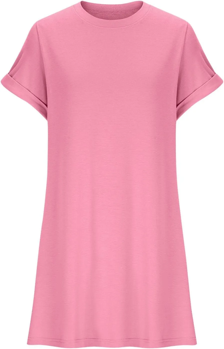 Casual Short Sleeve Tee Dress for Women, Solid Round Neck Mini Dresses Comfy Regular Fit Summer Swing Hem Cute Dress