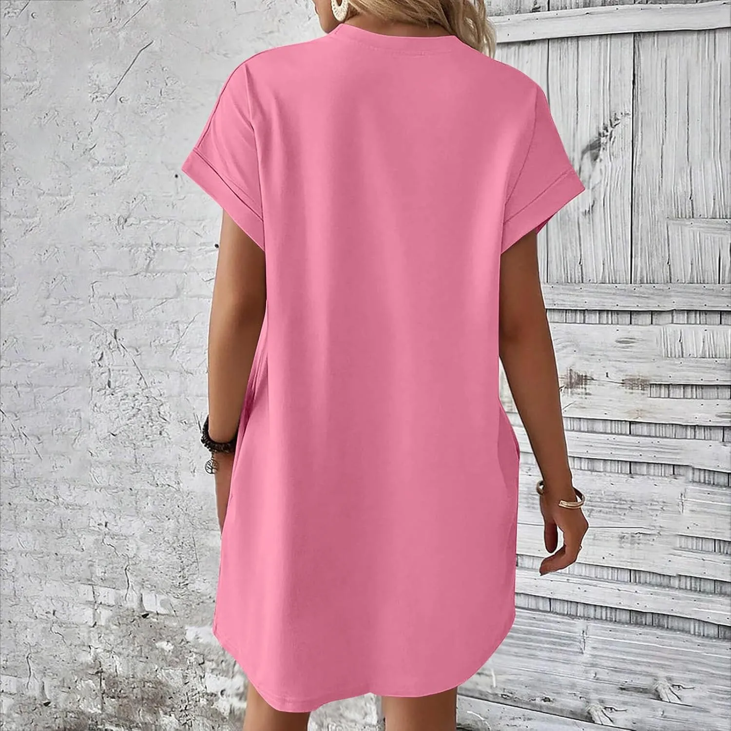 Casual Short Sleeve Tee Dress for Women, Solid Round Neck Mini Dresses Comfy Regular Fit Summer Swing Hem Cute Dress