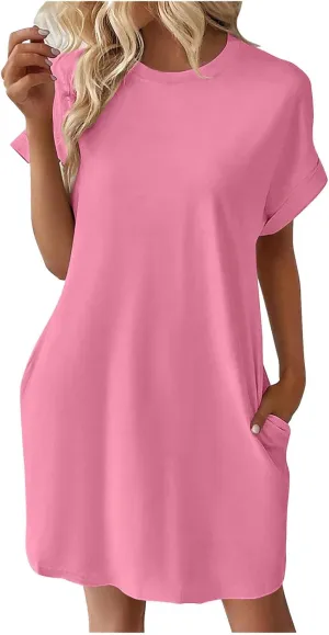 Casual Short Sleeve Tee Dress for Women, Solid Round Neck Mini Dresses Comfy Regular Fit Summer Swing Hem Cute Dress