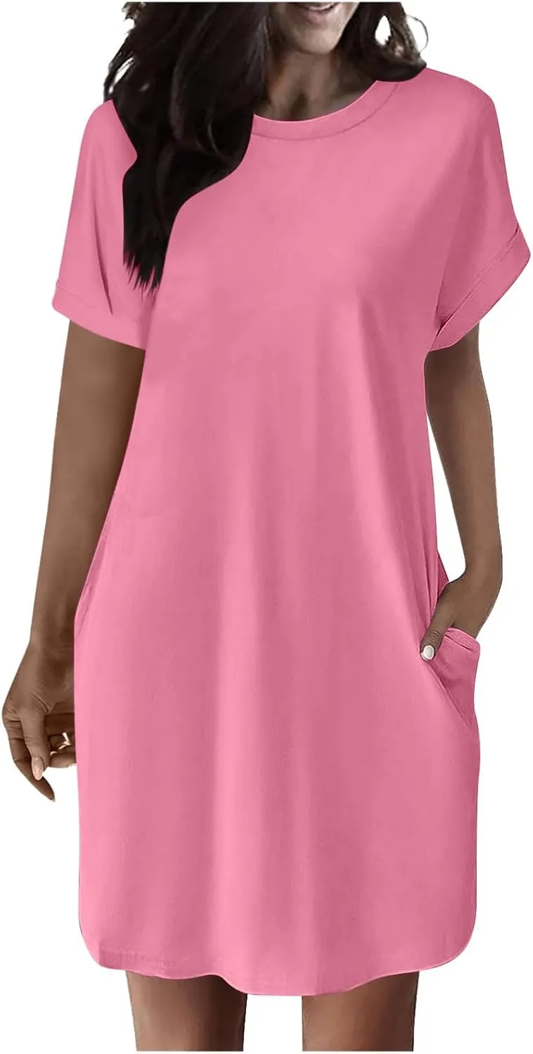 Casual Short Sleeve Tee Dress for Women, Solid Round Neck Mini Dresses Comfy Regular Fit Summer Swing Hem Cute Dress
