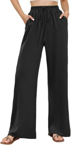 Casual Wide Leg Pants for Women Elastic High Waist Breathable Palazzo Pants Baggy Drawstring Comfy Ice Silk Trousers