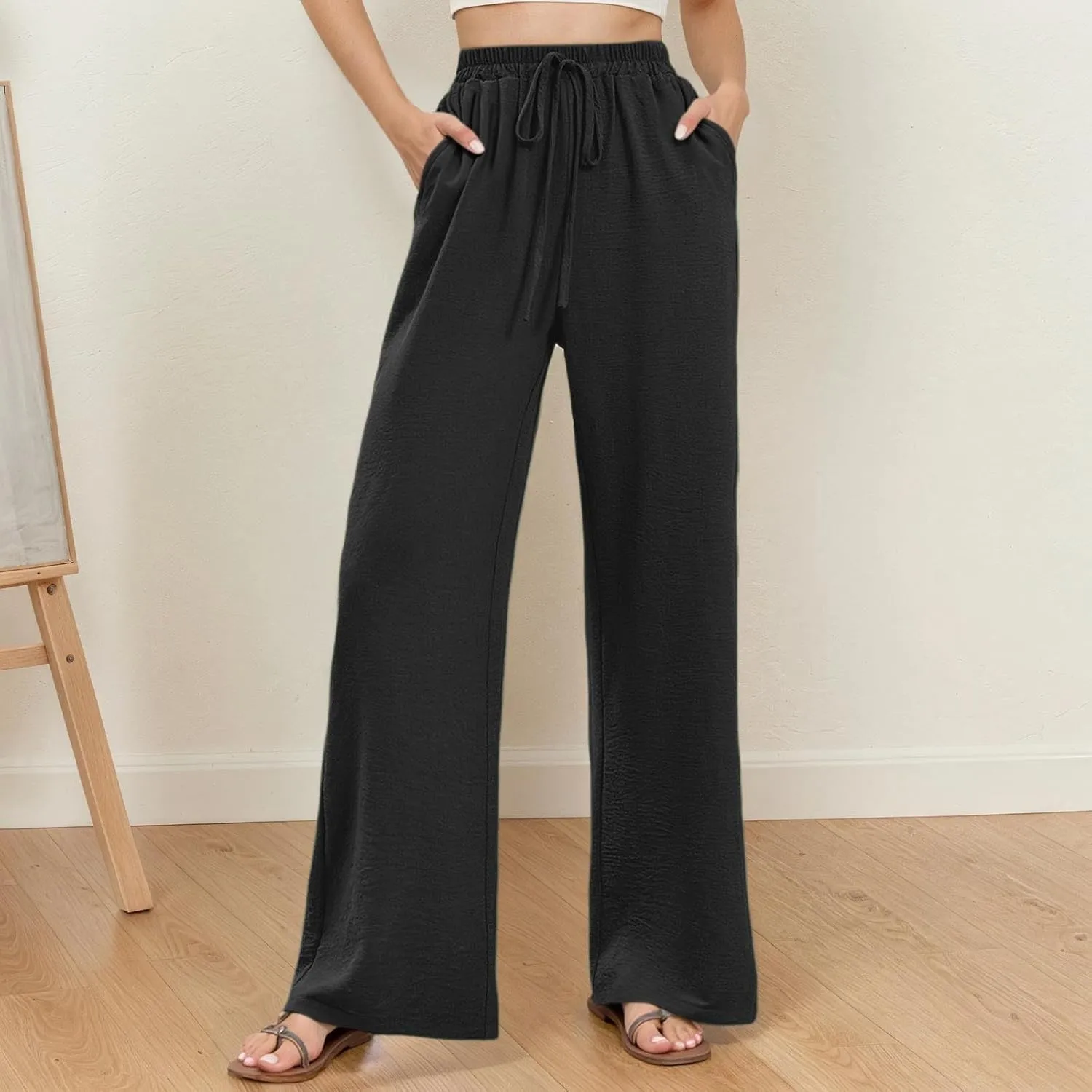 Casual Wide Leg Pants for Women Elastic High Waist Breathable Palazzo Pants Baggy Drawstring Comfy Ice Silk Trousers