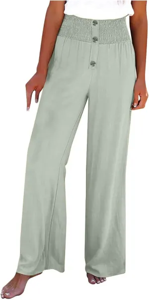 Ceboyel Womens Button Linen Pants Beach Palazzo Pants Straight Wide Leg Palazzo Pants Boho Casual Flowy Lounge Trousers